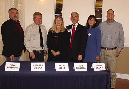 Those participating in the forum last Thursday night at the Book Nook Inn in Lumberton are, from left, Tony Robertson, seeking re-election as Hardin County Republican Chairman; Dr. Stephen Missick and Janis Holt, candidates for District 18 state representative; Kent Chambers and Kenna Seiler, candidates for Ninth Court of Appeals Justice; and Steve Smith, who is running unopposed for Hardin County Tax Assessor-Collector. Dan Eakin photo
