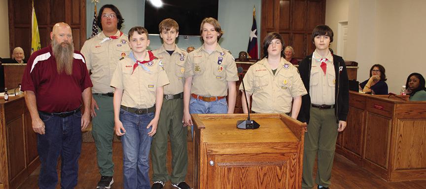Members of Boy Scout Troop 88 visited the Silsbee City Council meeting Monday night.They listened as the council members discussed several issues, such as problems with garbage pickup and whether the city should require permits and set regulations for those selling animals on sides of streets in Silsbee. Some of the Scouts who came are working toward a merit badge that requires attending a council or board meeting. Dan Eakin photo