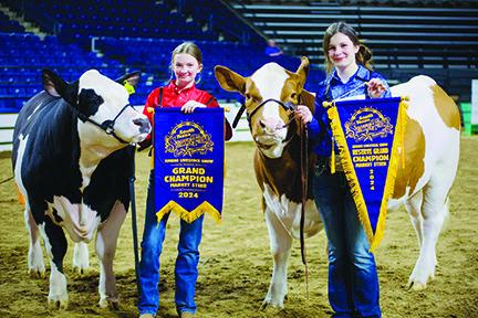 Emma Ferguson of Evadale, left, stands with her Grand Champion Exotic Steer, and Kylee Champagne of Silsbee shows her Reserve Champion Market Steer after winning the prizes at the South Texas State Fair last week. Kylee and Emma both won Grand Reserve Champion at the YMBL Rodeo. Kylee won for her prize steer that sold at auction for $42,000 which broke the record in that spot. Emma also won for her prize steer with sold at auction for $50,000.