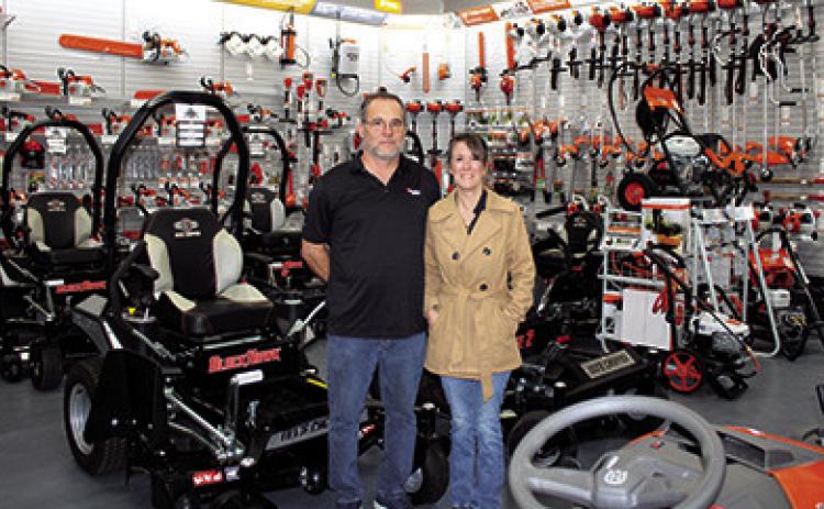 Sonny Dougherty and Melody Crain stand among the many pieces of equipment available for sale at Sonny’s Small Engine, located at 595 Hwy 327 E. in Silsbee. Sonny’s also offers repair services for a wide range of small engines, including those of lawn mowers, weed eaters, chain saws, blowers, pressure washers and others. Dan Eakin photo