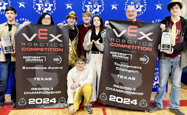 Last Saturday,the Silsbee High School GOLD”robotics team became the VEX Robotics Region 3 Tournament Champions and Excellence Award winners. From left are Sawyer Wimer, Audie Miller, Nathan Pyne, Bryce Pyne,Tristin Bell,Aubrey Durant, Coach Vic Miller and Noah Davenport. Courtesy photo